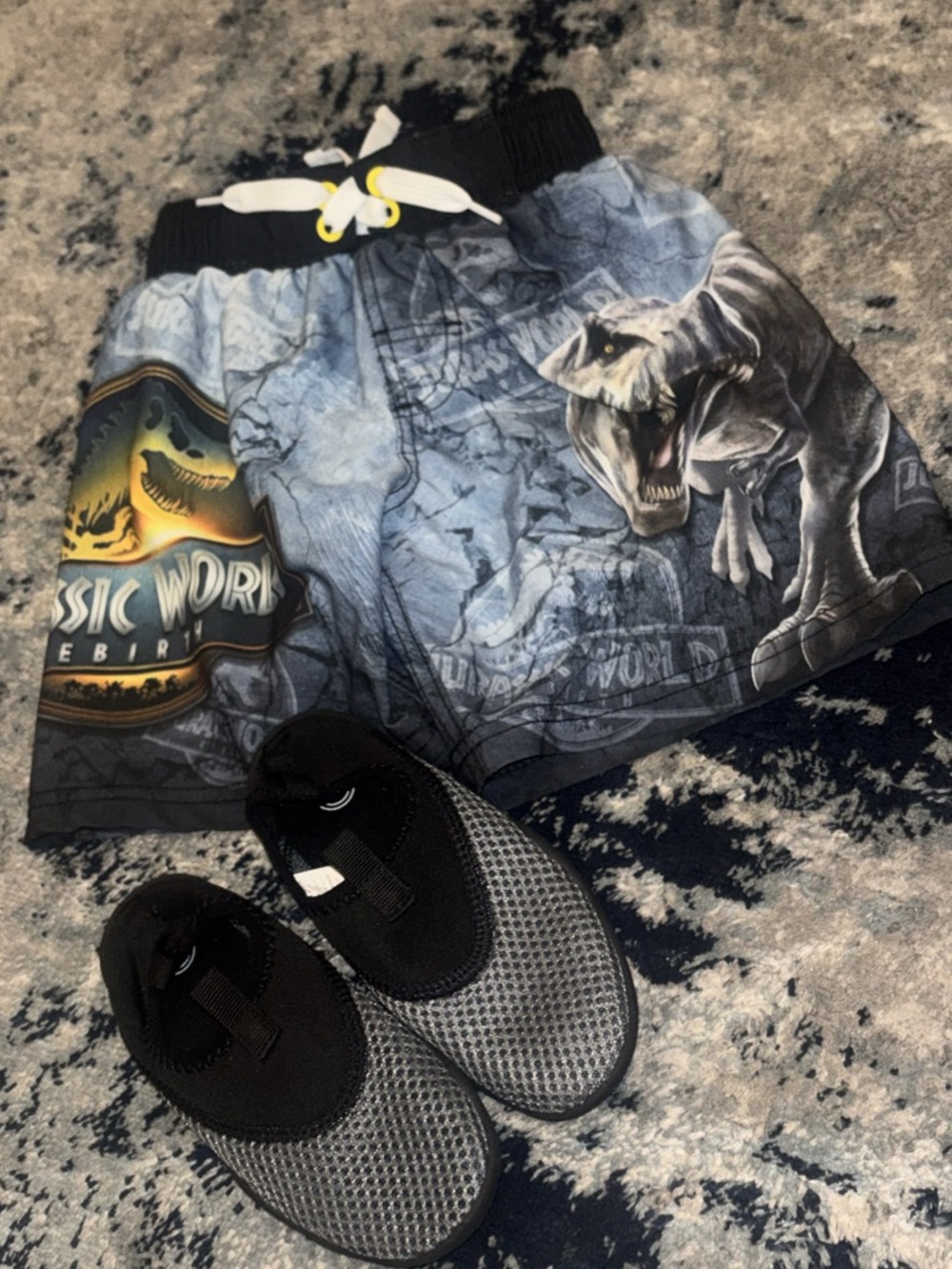 Jurassic World Boys Swim Trunks & Swim Shoes - Blue Gray with Dino Graphic